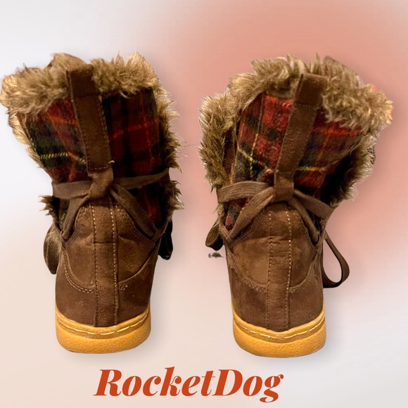 Rocket Dog Soft BROWN BOOTS w/ RED PLAID Contrast & FAUX FUR Trim Size 7 🚀🐕👢 - Picture 4 of 10